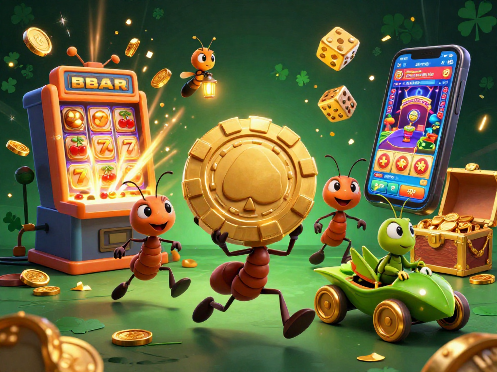 lu88 themed illustration with ants carrying a golden chip in a bustling casino heist scene.