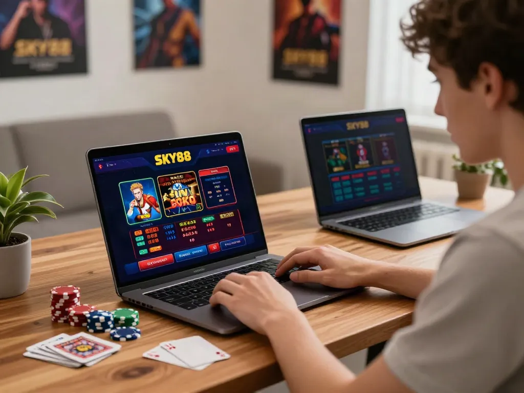 Engaged user exploring the SKY88 gambling platform on a laptop with vibrant game interface.