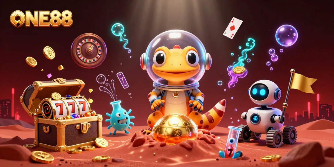 Experience the thrill of winning at ONE88 casino with colorful slot reels, chips, and exciting game elements.