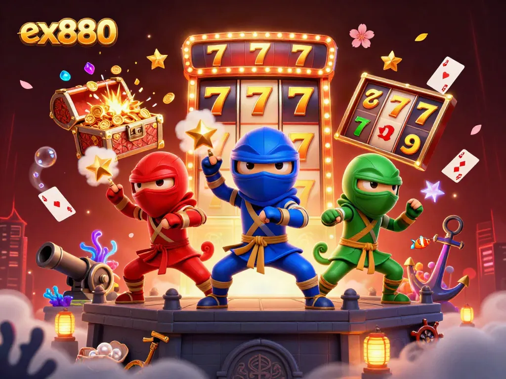 Experience thrilling action with ex880 in this vibrant casino scene featuring dynamic chameleon ninjas.