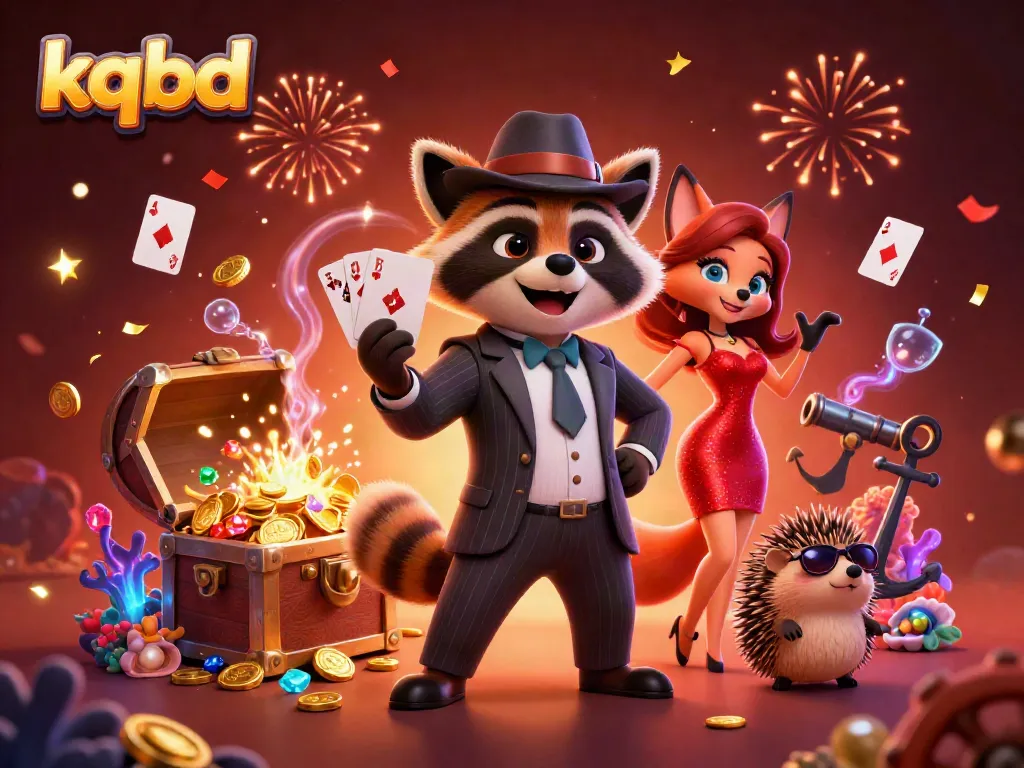 Experience the thrill of kqbd with a 3D raccoon poker scene exploding with colorful gems and lively casino action!