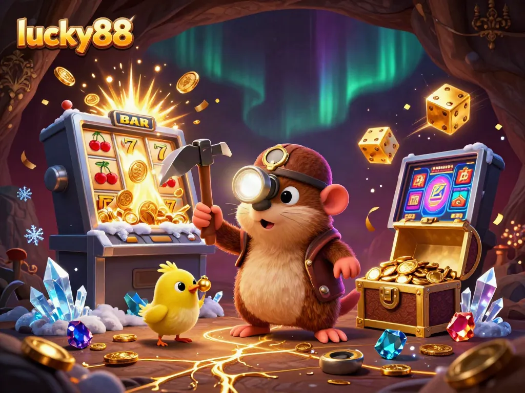 Experience the thrill of lucky88 with a treasure hunter mole and golden jackpot scene.