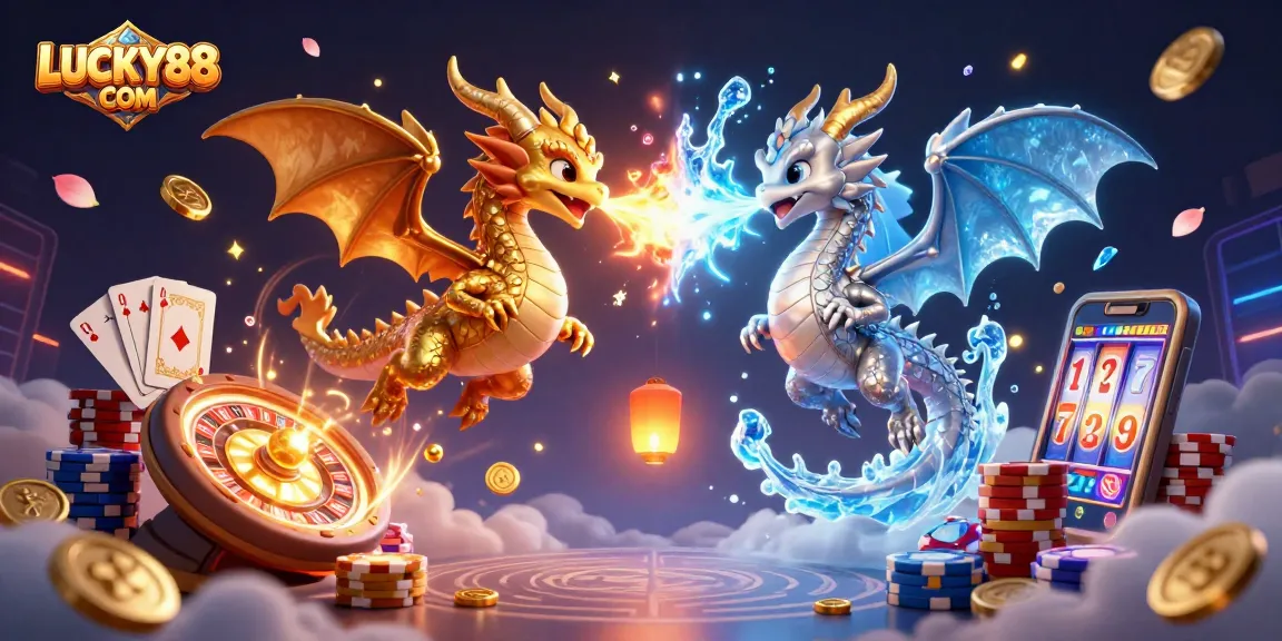 Engage with immersive gameplay at LUCKY88 COM featuring vibrant dragons, casino elements, and rich detail.