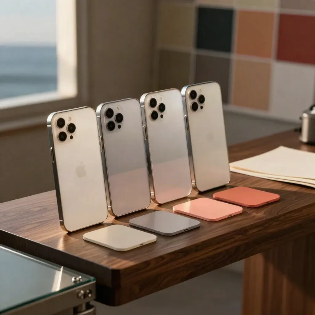 Dizili telefon kasaları, mat akrilik ekranlar ve renk kartlarıyla UI renk sistemi.