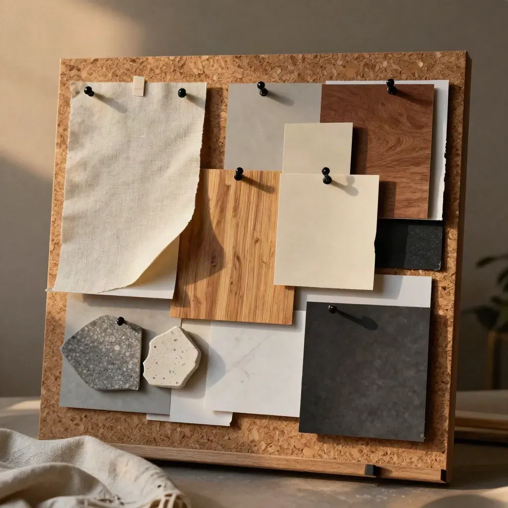 Renk panosu hazırlığı yapılan doku ve renk örnekleriyle katmanlı mood board