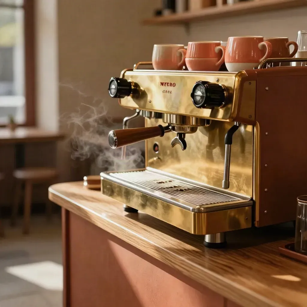 Terracotta ve pirinç espresso köşesi, sıcak ve servise hazır bir Nero Coffee iç mekânı.