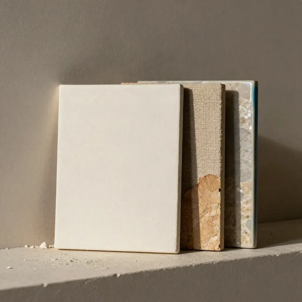Duvar boyası, kumaş, ahşap ve taş numuneleri; sinematik ışıkta tozlu plaster ledge üzerinde.
