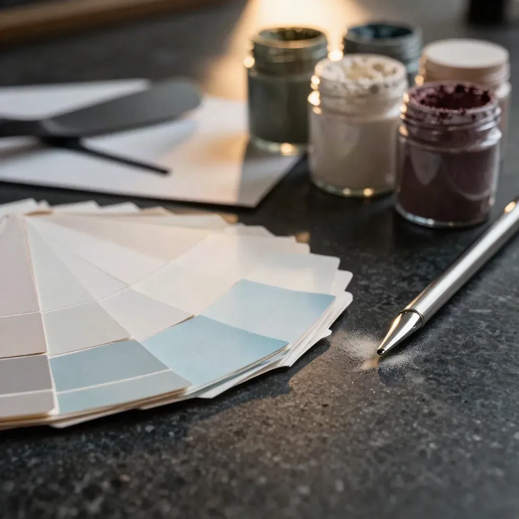 Açık renk örnek fanı, mineral pigment kavanozları ve metal klipsli koyu taş yüzey.