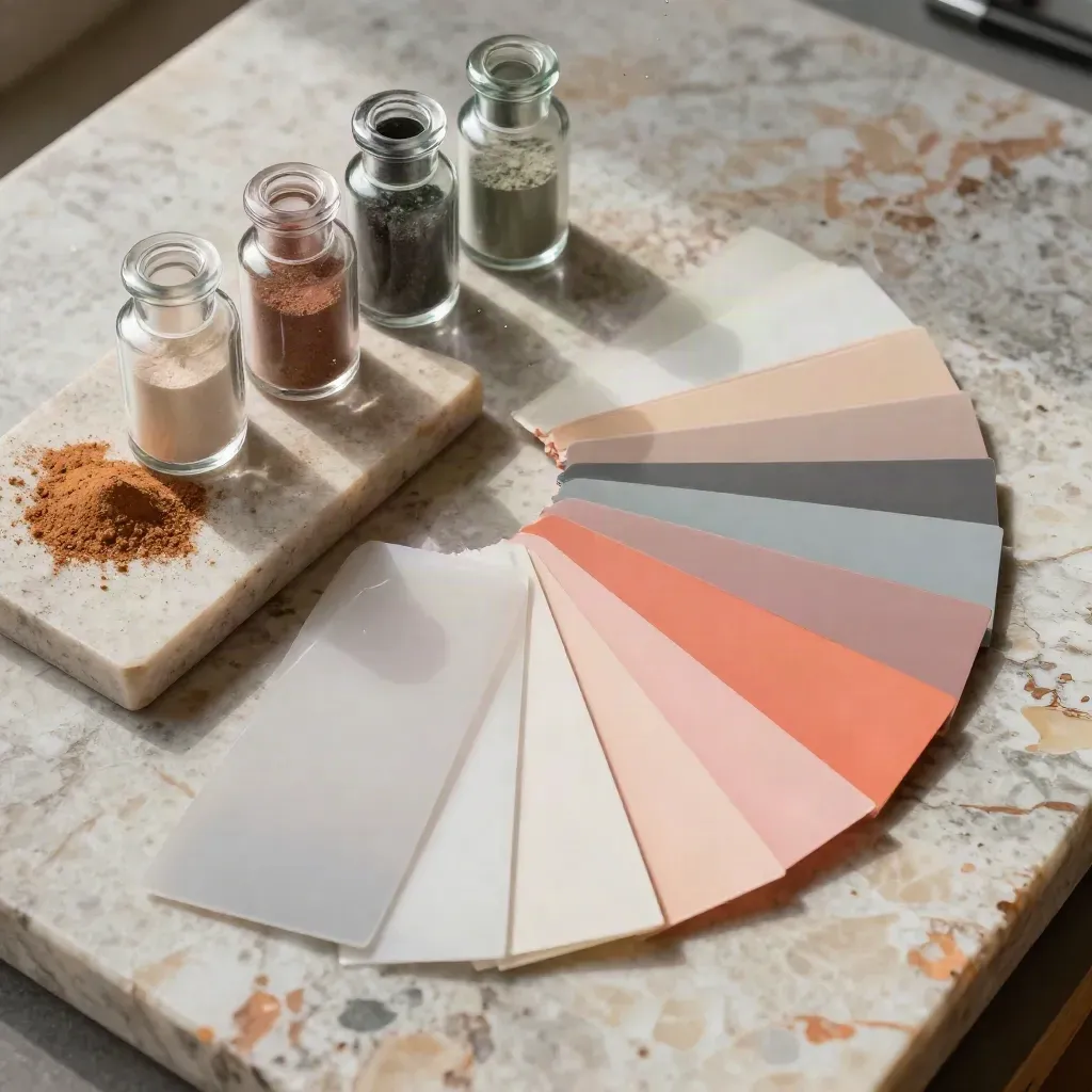 Üstten renk uzmanı düzeni: pigment viaları, asetat katmanlar ve taş palet üzerinde swatchlar.