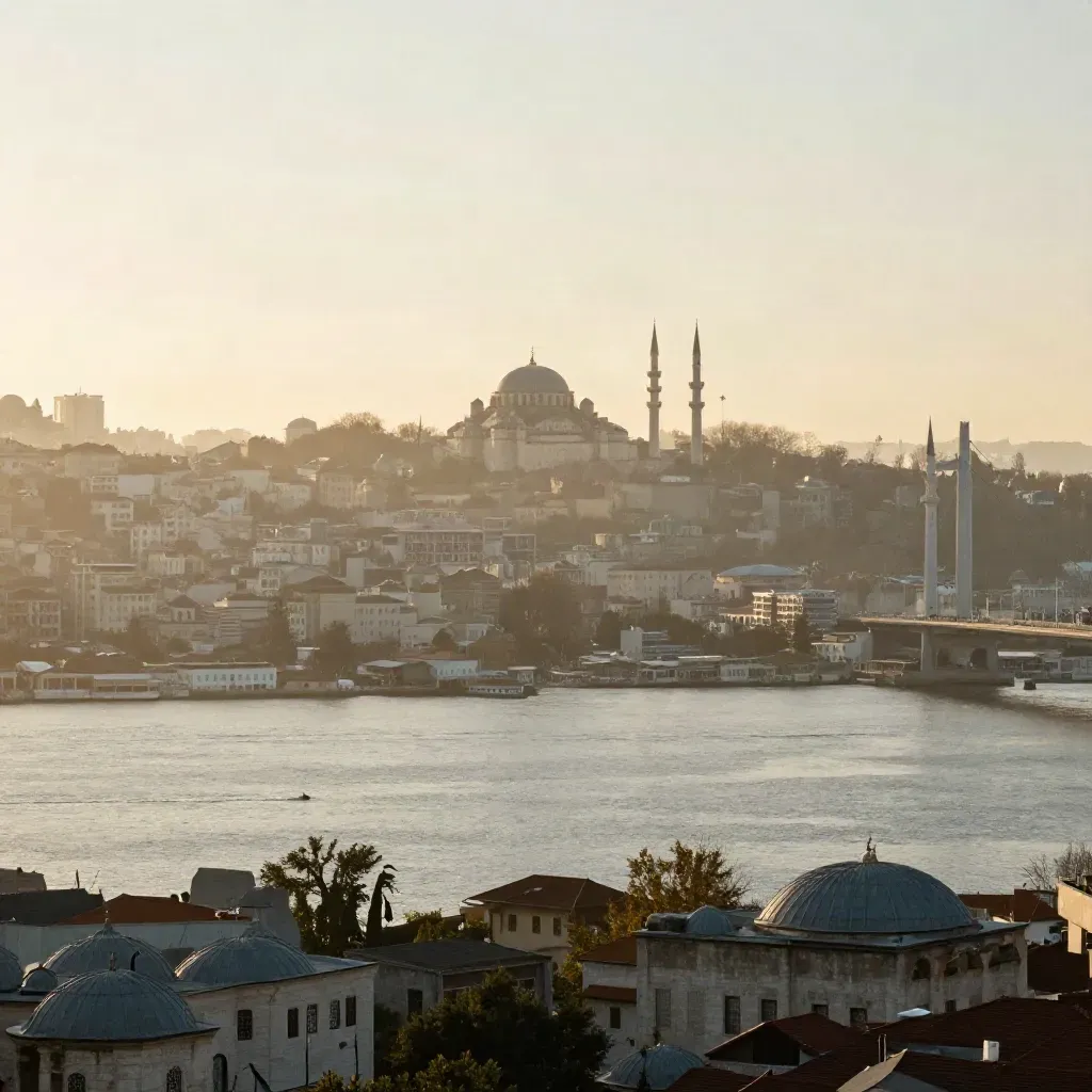 Sisli Boğaz ufku, minareler ve köprü çizgileri üstte, sakin su düzlüğü altta.