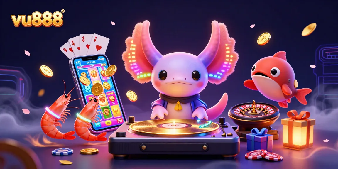 Experience vibrant gameplay with vu888 featuring a neon axolotl DJ and lively casino elements.