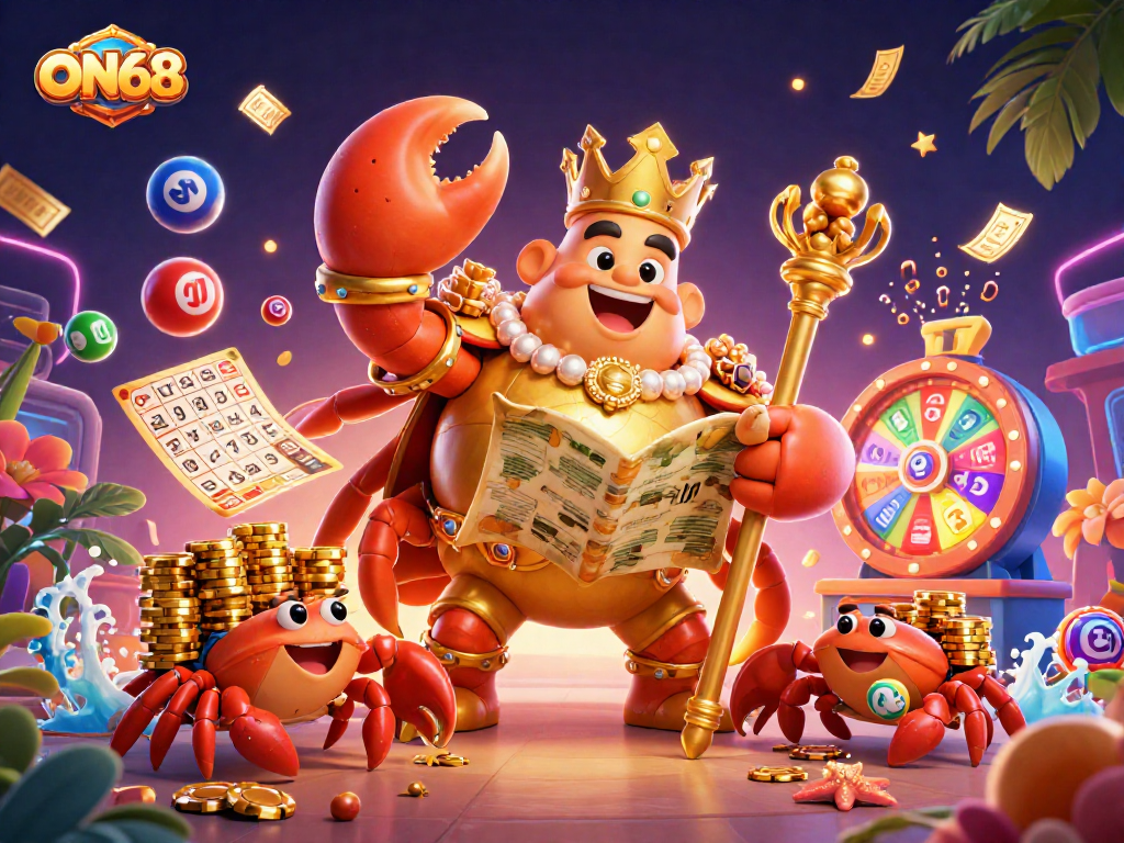 Experience ON68's vibrant casino atmosphere with a golden crab mascot holding a treasure map and surrounded by colorful game elements.