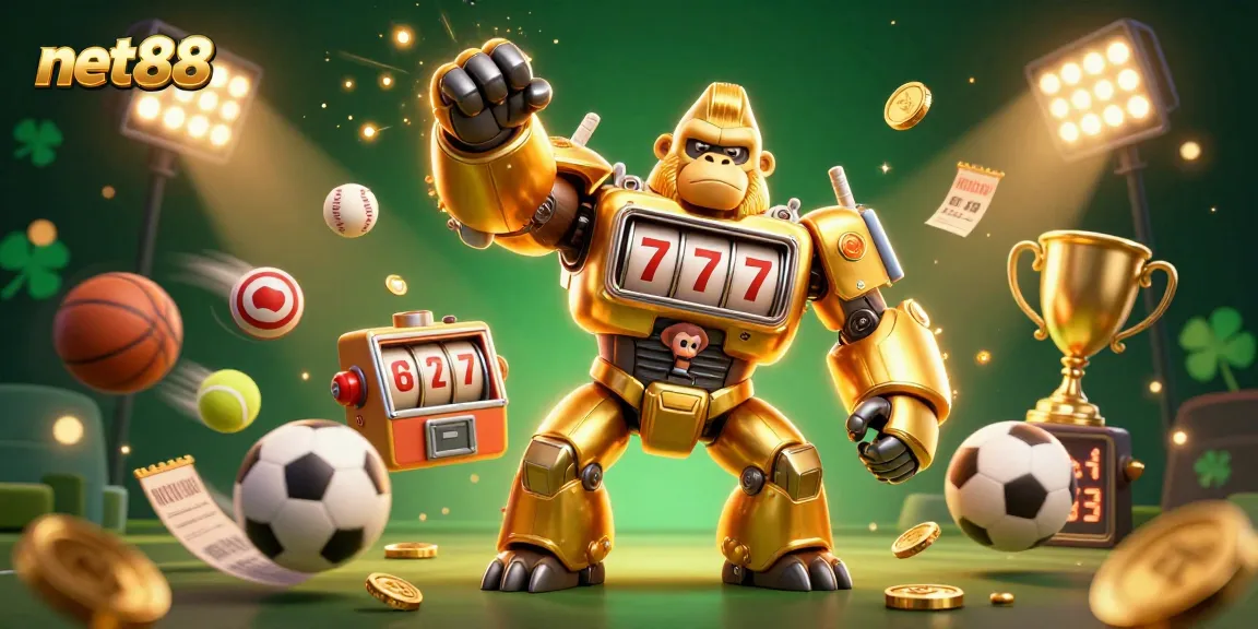 Experience net88's adrenaline rush with golden gorilla mech and sports elements in a dynamic casino scene.