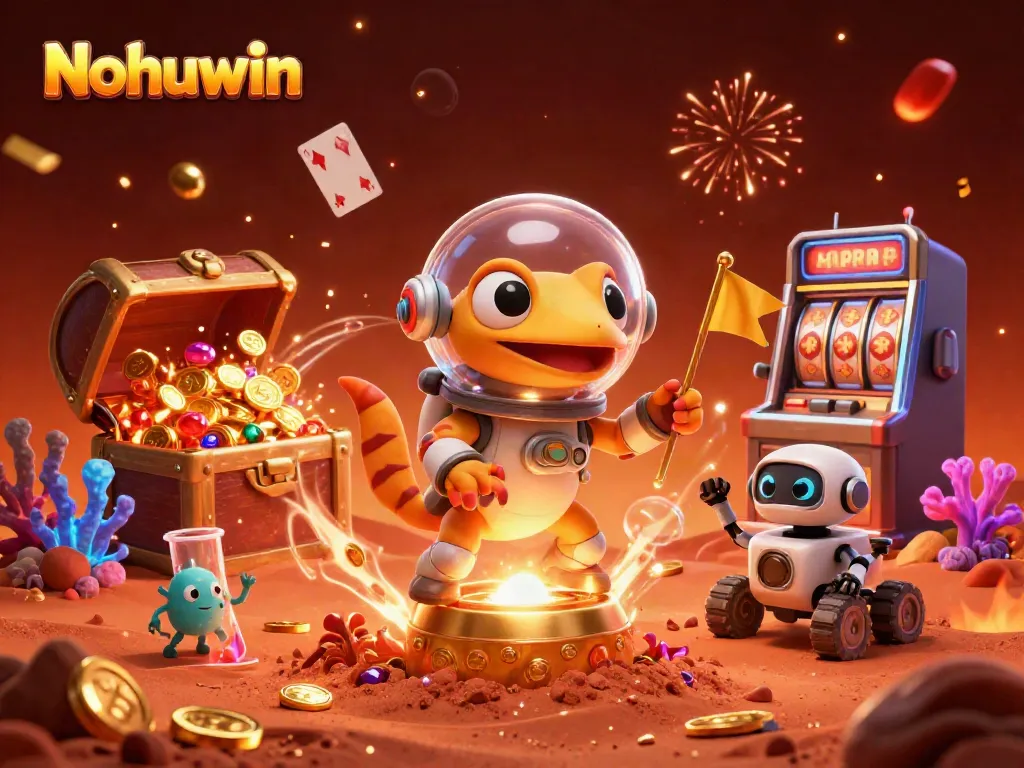Nohuwin showcases an exciting slot game adventure with a Martian gecko and vibrant casino elements.