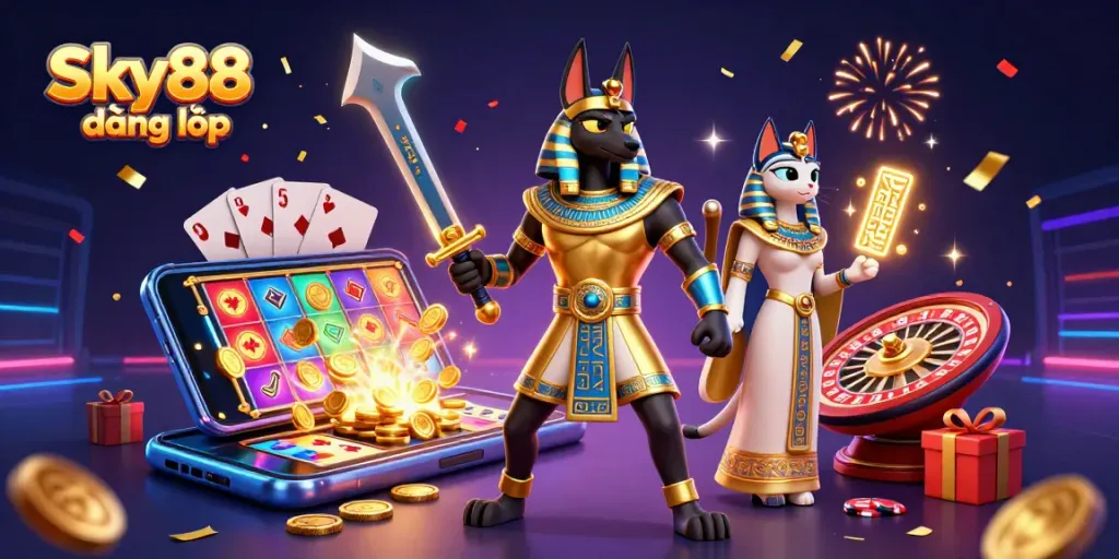 Engage with thrilling games at Sky88 đăng nhập featuring Anubis and Bastet among vibrant casino elements.