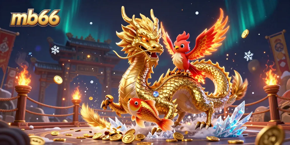 Engage with mb66's thrilling gaming experience alongside a vibrant dragon, phoenix, and koi fish!
