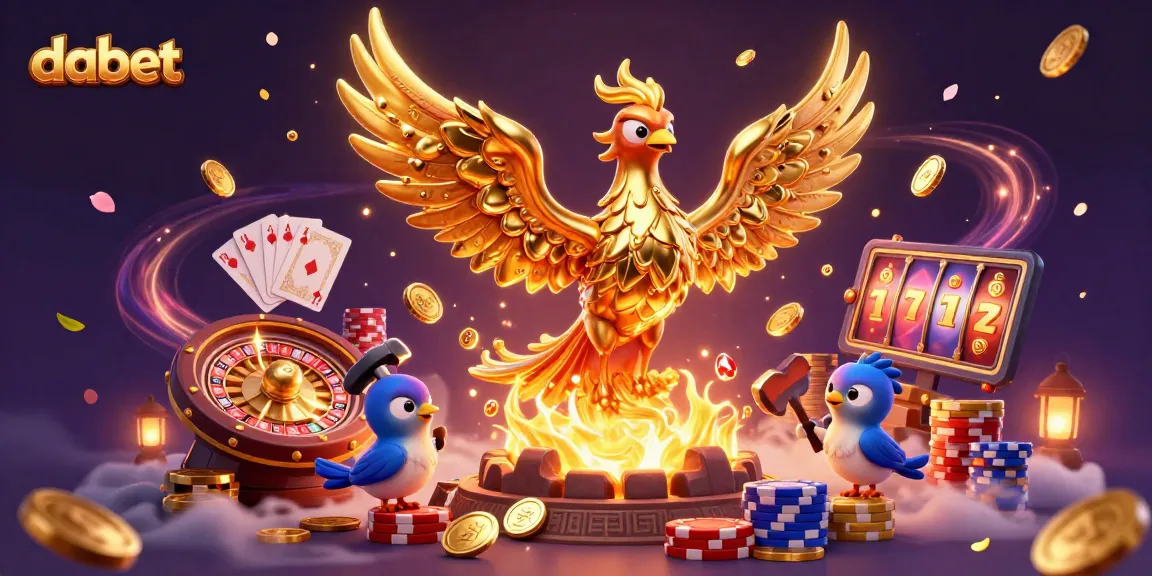 Experience exhilarating casino action with DABET's vibrant 3D illustration, showcasing winning elements.
