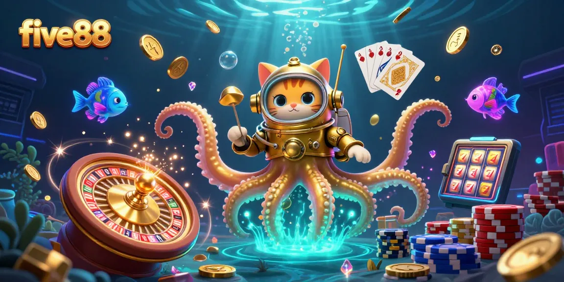 Feel the thrill of five88 as the kraken and cat dive for treasures in this vibrant casino scene!