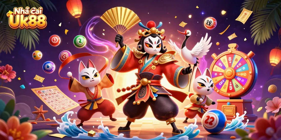 Play thrilling games with Nhà cái Uk88 as vibrant lottery balls bounce in a 3D casino scene.