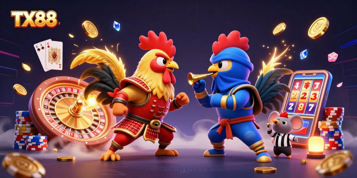 TX88 showcases an exciting standoff between cartoon roosters amid cascading casino elements.