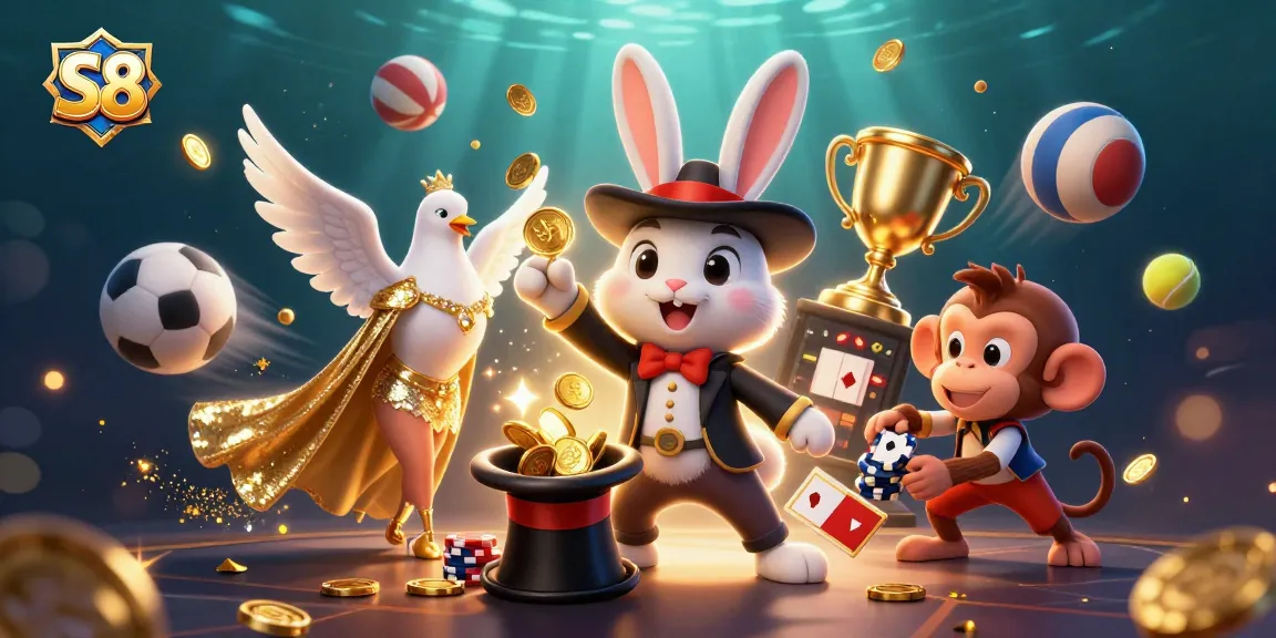 S8 elevates entertainment with a thrilling 3D casino scene featuring a magician rabbit and playful characters.