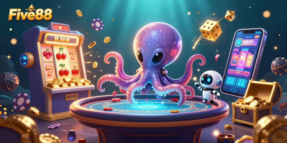 Five88 casino illustration featuring an alien octopus playing poker with vibrant slot machine elements.