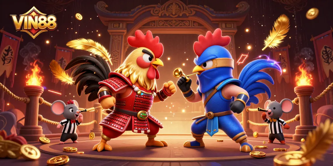 Experience thrilling wins at VIN88 with epic rooster duels and vibrant casino elements.