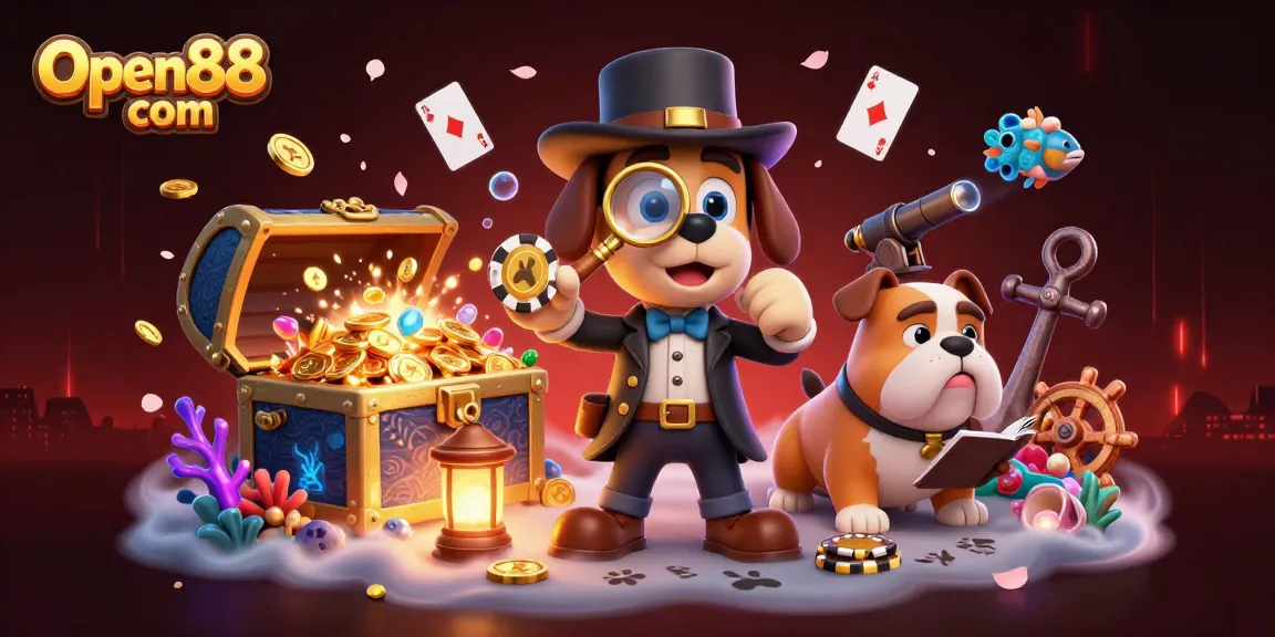 Win exciting rewards at Open88 com with a thrilling poker-themed 3D illustration showcasing treasure and adventure.