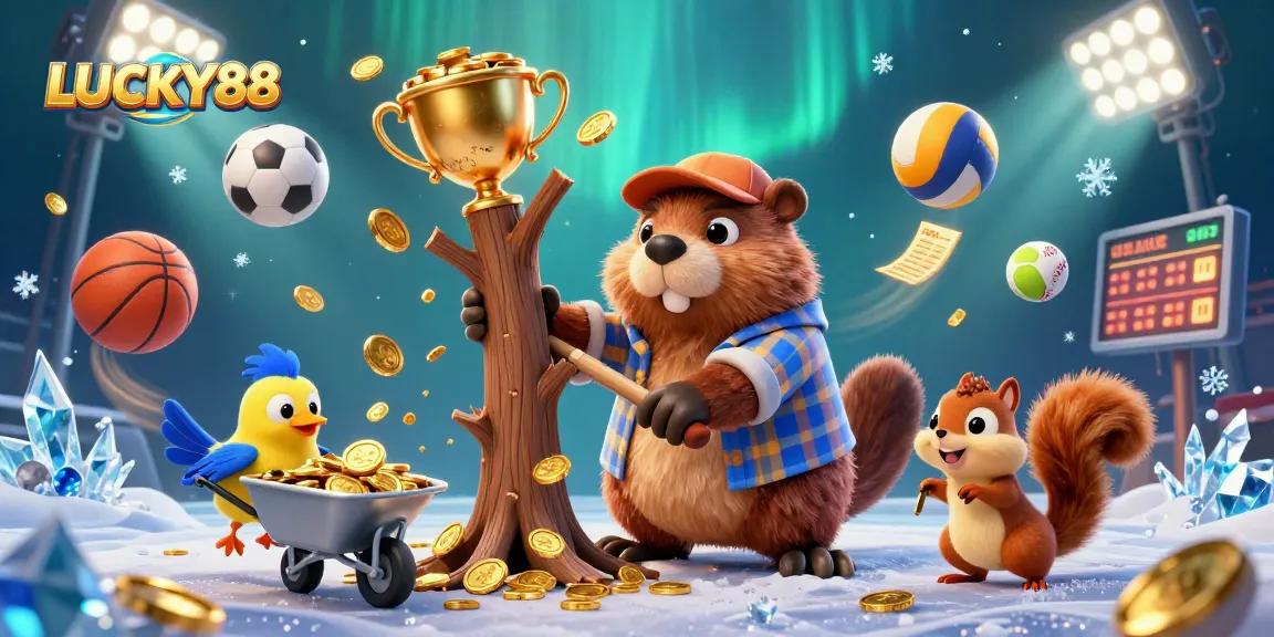 LUCKY88 offers exciting gaming scenes with a dynamic beaver and friends collecting golden coins.