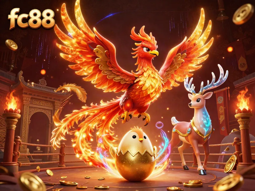 Experience FC88's thrilling online gaming with a fiery phoenix set against an electrifying casino backdrop.