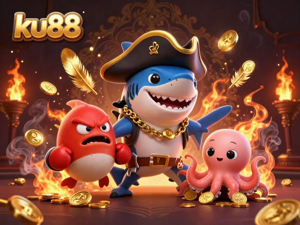Experience thrilling gameplay with ku88's vibrant underwater casino adventure featuring a pirate shark and friends.