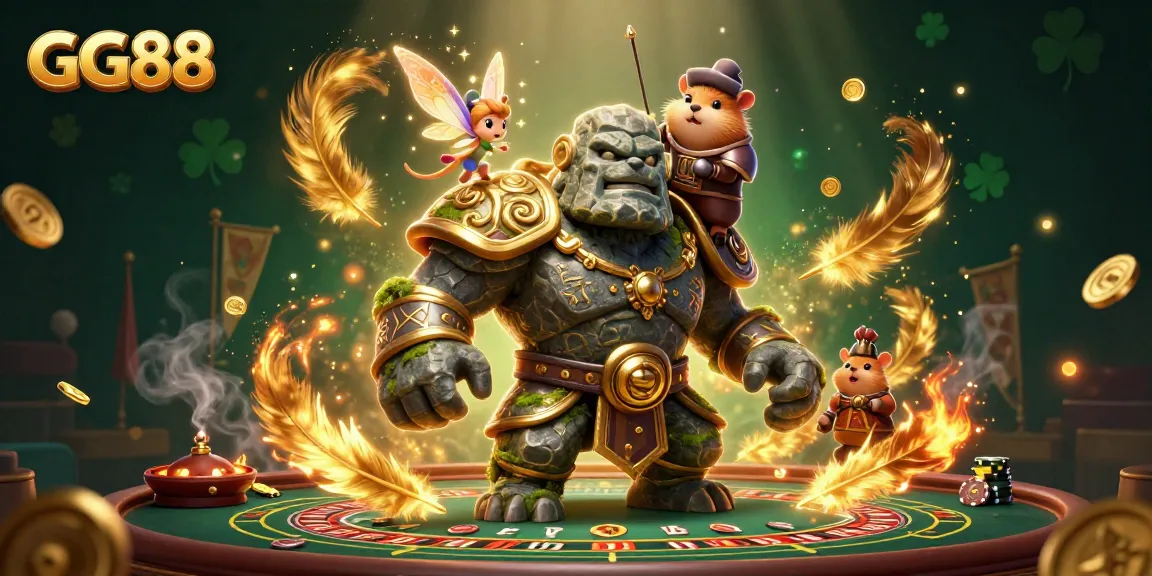 Place your bets on GG88 with a mystical golem and enchanting fairy in a lively casino atmosphere.