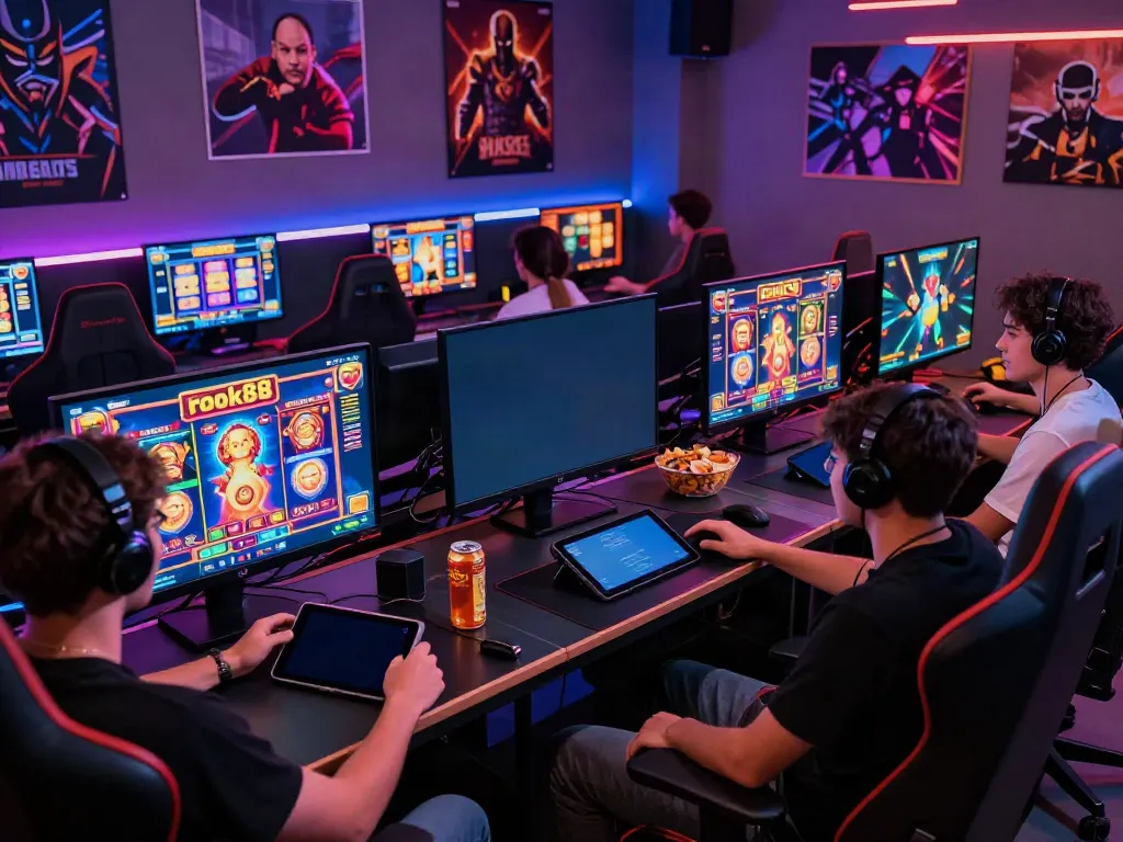 Friends enjoying rokok88 slot game in a vibrant gaming lounge with colorful lights.