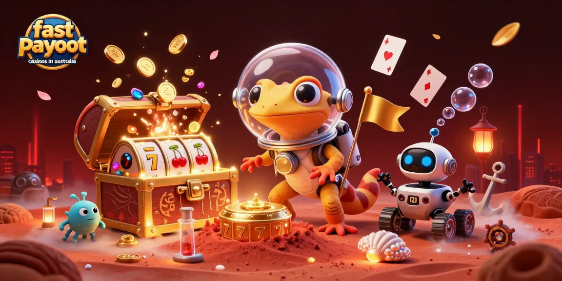 Experience fast payout casinos in Australia with a Martian gecko exploring a hidden golden casino.