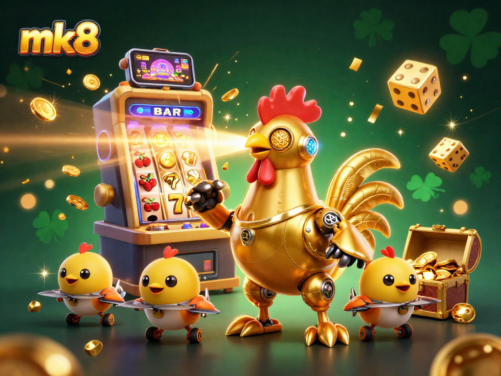 Experience immersive gameplay at mk8 with a golden rooster robot shooting lasers amidst a vibrant casino scene.