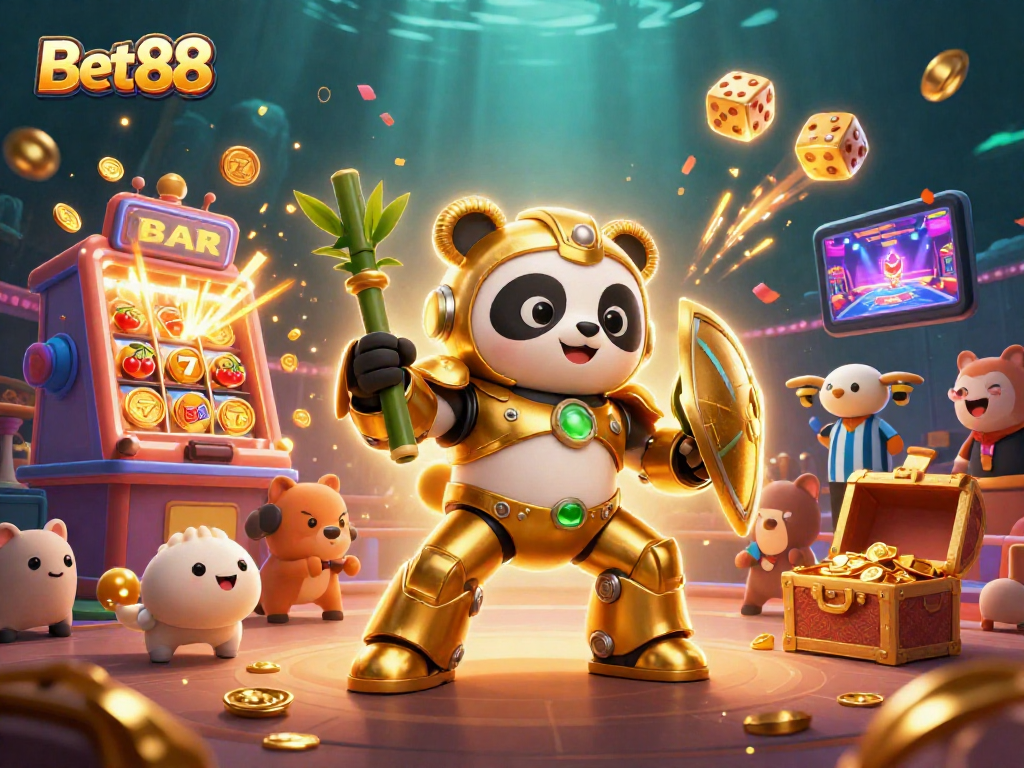 Experience Bet88 excitement with a vibrant 3D illustration of a panda in a golden mech suit amidst a casino game explosion.
