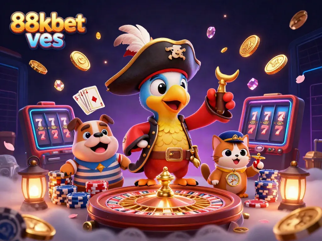 Engage in gaming excitement with 88kbet ves, featuring casino elements and vibrant characters.