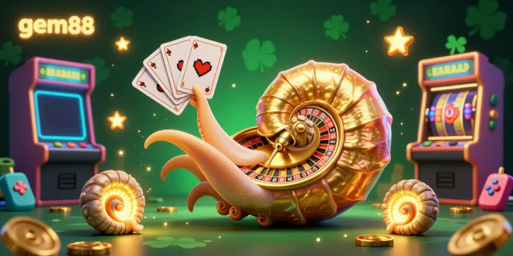 Engage with the vibrant world of gem88 featuring a giant nautilus roulette, glowing game elements, and rich casino visuals.