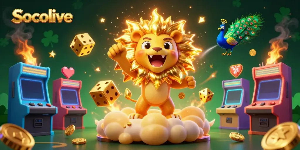 Socolive features a roaring sun lion amid golden dice and casino elements, creating a vibrant gaming scene.
