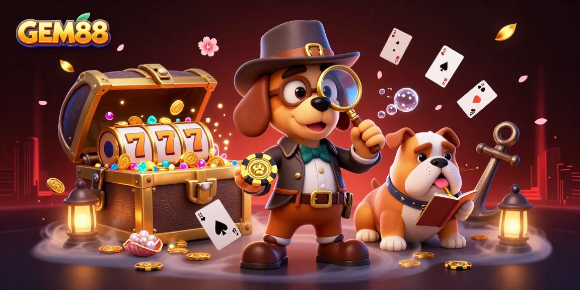 Experience the excitement of GEM88 with a detective uncovering treasure in a vibrant casino scene.