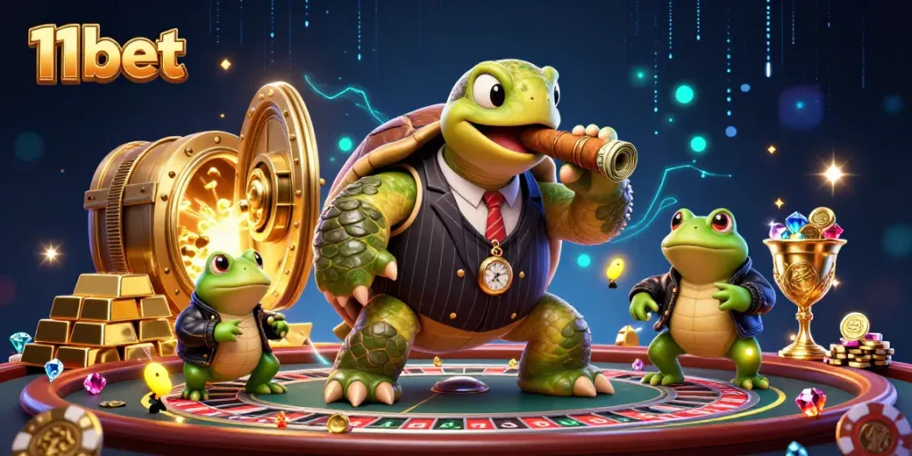 Experience thrilling moments at 11bet with a dynamic scene of cartoon poker characters amidst vibrant casino elements.