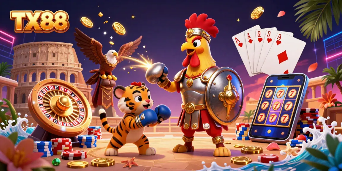 Engage with TX88's 3D casino adventure featuring a gladiator rooster, vibrant coins, and lavish games.