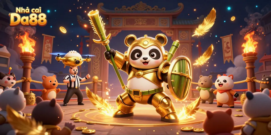 Experience thrilling action at Nhà cái Da88 as a golden panda battles in an arena filled with vibrant gambling elements.