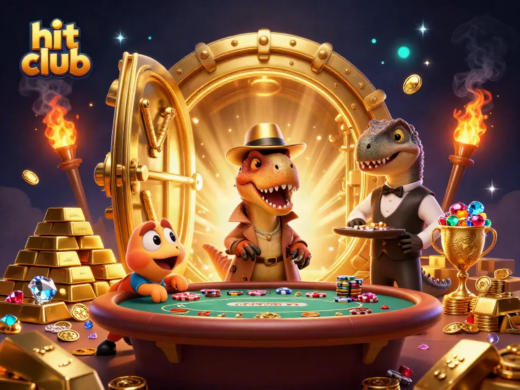 Experience thrilling moments at hit club with a velociraptor card counter and dazzling treasures.