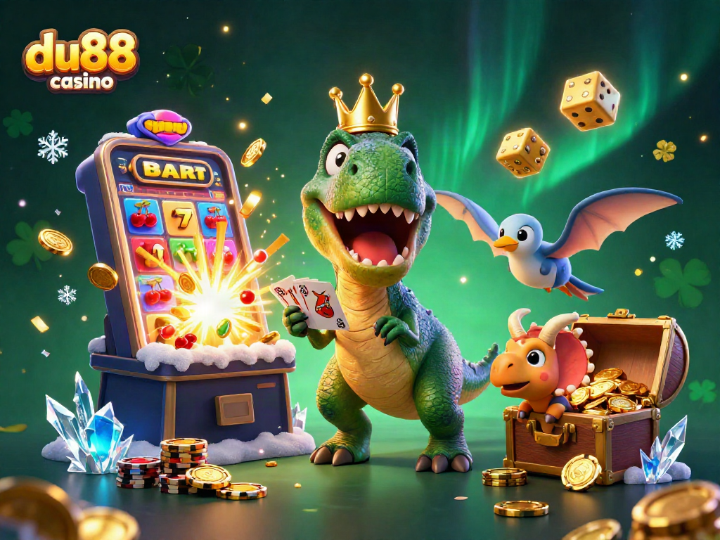 Engaging du88 casino scene with cartoon dinosaurs playing cards and chips amidst slot bursts and festive elements
