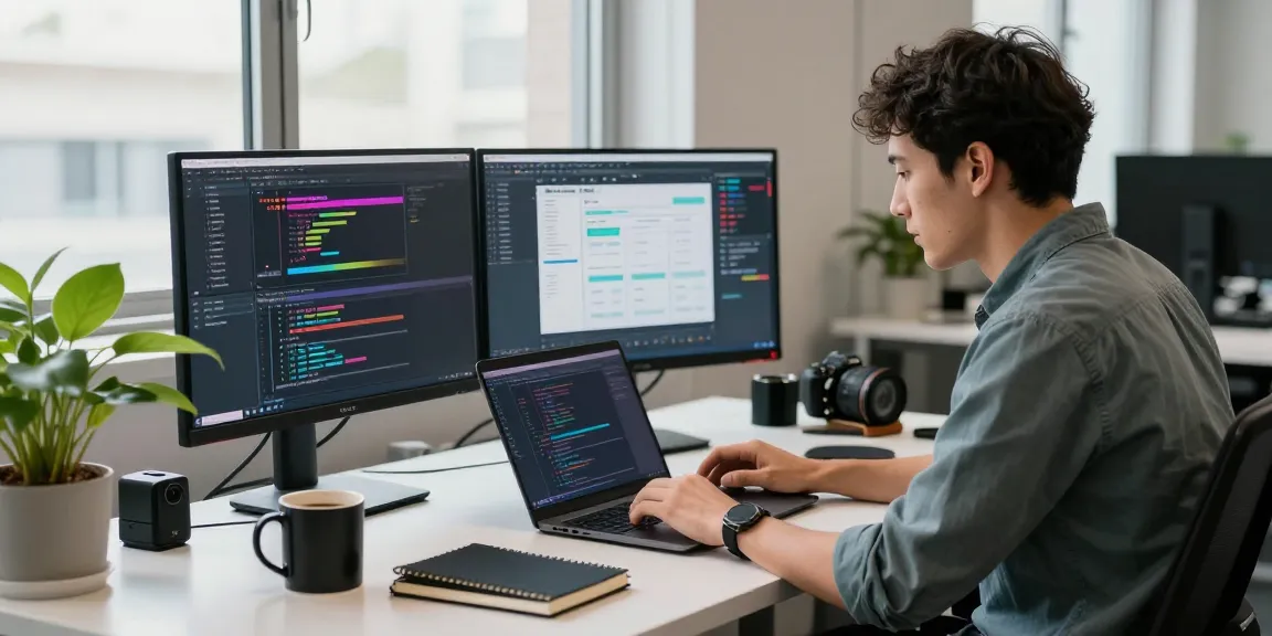 WPS Download in vibrant workspace with developer coding on dual monitors, coffee and tech gadgets around.