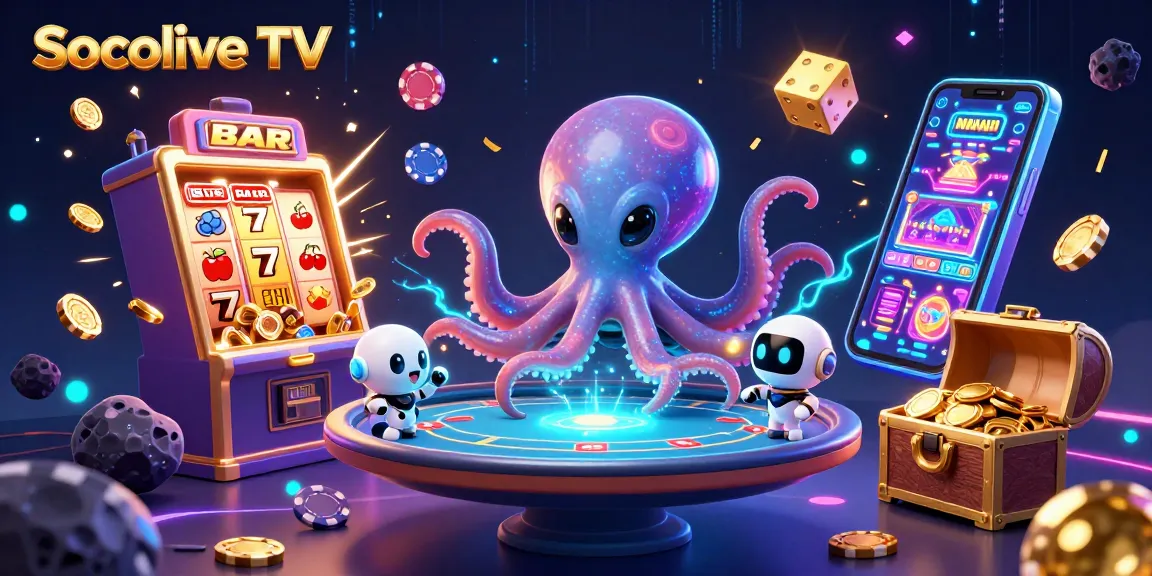 Socolive TV showcases an alien octopus managing a holographic poker table in an exciting casino atmosphere.