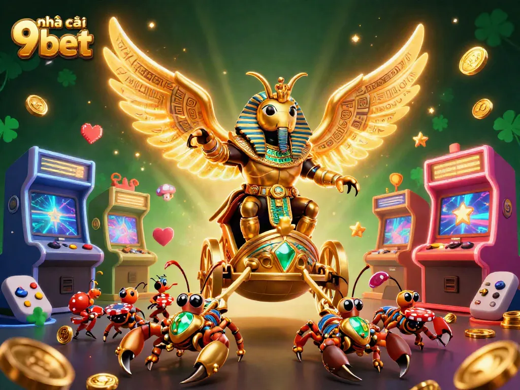 Engage with nhà cái 9bet's epic casino adventure featuring a golden scarab and poker chips.