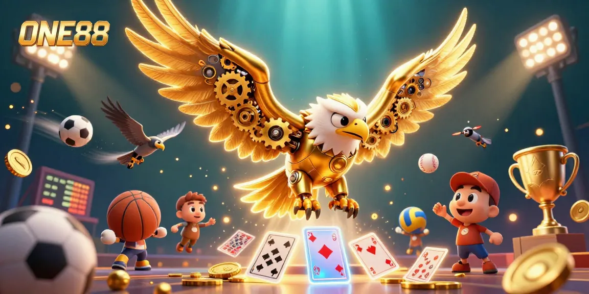 Experience thrilling action with ONE88 as a cybernetic eagle dives through holographic cards and sports elements.
