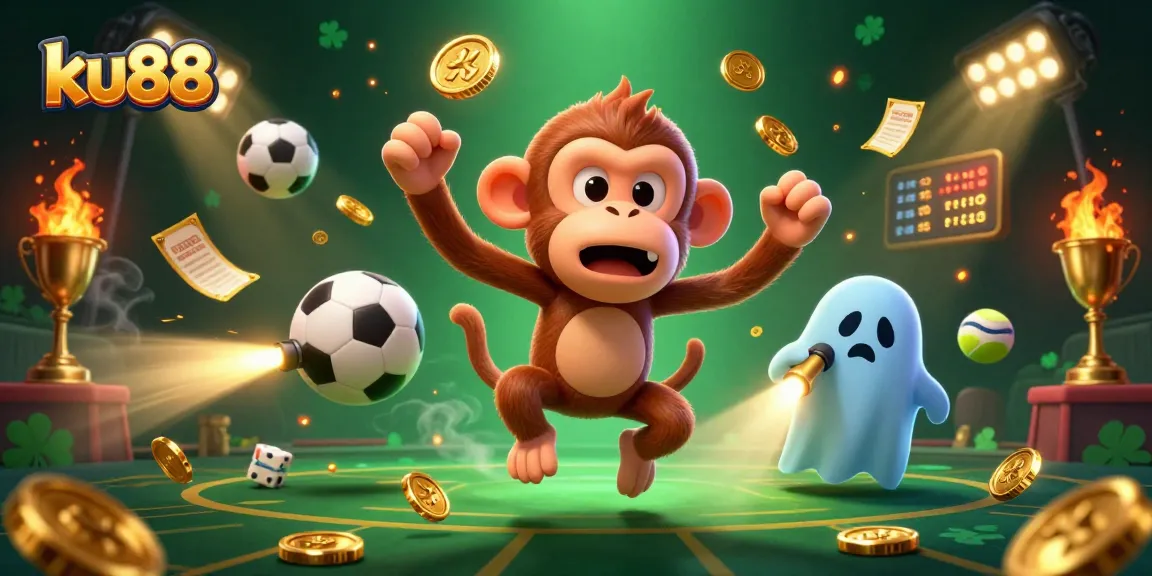 ku88 showcases a lively scene with a mischievous ghost monkey and a ghost-hunter puppy in a haunted casino.